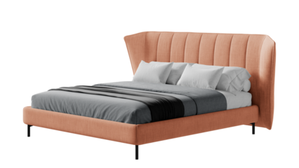 Modern double bed with bedding on an isolated background.