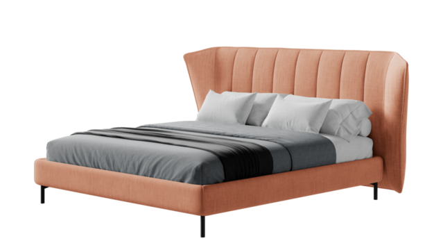 Modern double bed with bedding on an isolated background.