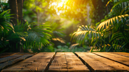 Sunlight filters through lush greenery onto a wooden table in a serene forest setting