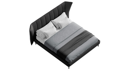 Modern black double bed with bedding on an isolated background.