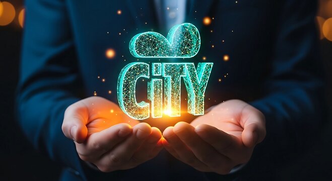 Businessman holding a glowing digital CITY text with cloud icon, representing smart city concepts and urban development.
