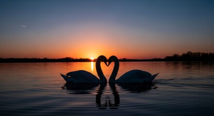 Two Swans Forming a Heart Shape on a Lake at Sunset.
