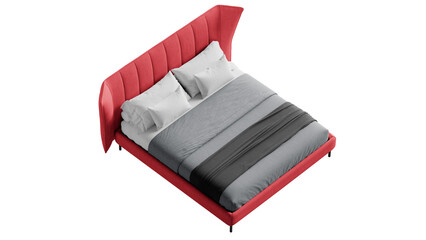 Modern bed with bedding on an isolated background. Furniture for colleges, marketing, and presentations.
