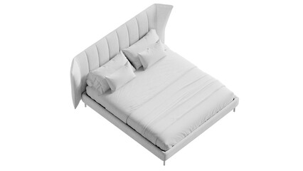 White bed with a white blanket and pillows on a transparent background.