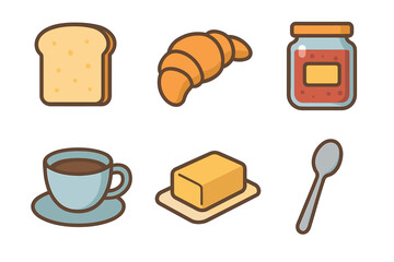 Breakfast essentials with bread, coffee, and spreads for morning meals. Set of 6 vector illustration