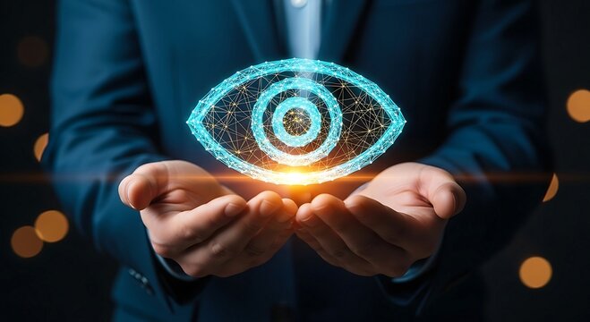 Businessman holding a glowing digital eye representing vision and technology.