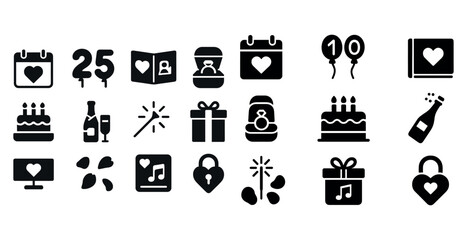 Black and white romantic anniversary celebration icons set