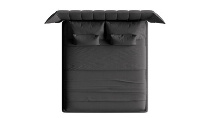 Modern black double bed with bedding on an isolated background.