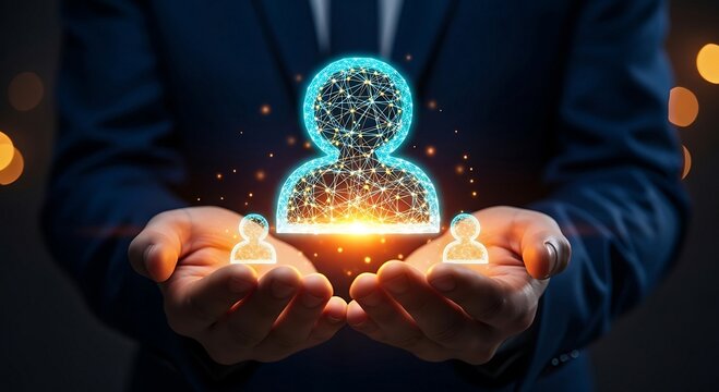Businessman holding a glowing digital human icon, symbolizing customer relationship management and human resources.