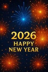 Magical fireworks in orange and blue celebrating Happy New Year 2026 on dark sky.
