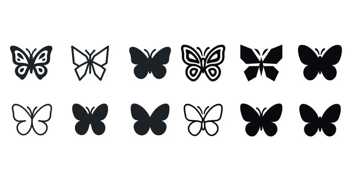 Set of twelve black and white butterfly silhouettes and line dra