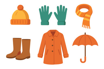 Warm winter clothing essentials for cold weather preparation. Set of 6 vector illustration