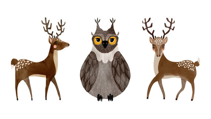 A charming digital watercolor woodland set featuring a wise owl and two graceful deers. Soft natural colors, cute expressive characters, perfect for nursery decor, textile prints and stationery.