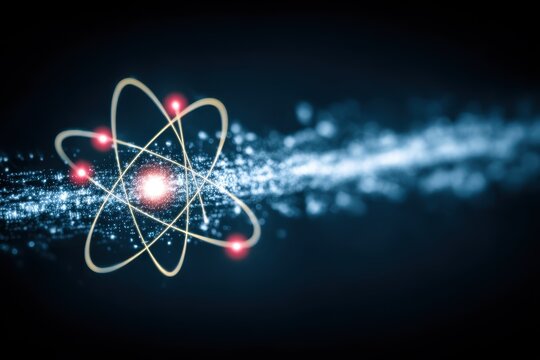 Quantum particles travel through tissue in a nebula lit galaxy, orbiting stars to balance efficiency with cosmic energy patterns