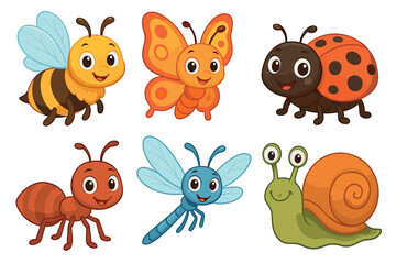 Cute insects and animals including a butterfly, bee, and snail. Set of 6 vector illustration