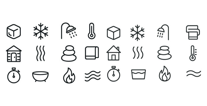 Minimalist line icons of sauna, shower, ice cube, thermometer, f