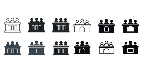 Fototapeta premium Courtroom icon set: diverse styles of people in judicial setting