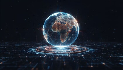 A glowing digital hologram of planet Earth representing global networks and futuristic technology.
