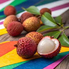 A fresh lychee fruit showcased against a vibrant, colorful background,