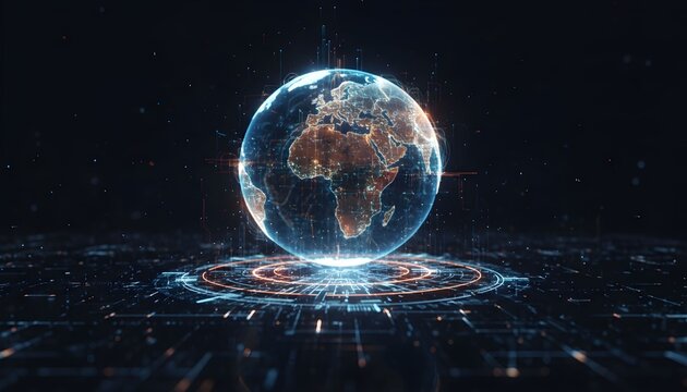 A glowing digital hologram of planet Earth representing global networks and futuristic technology.