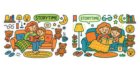 Naklejka premium Storytime with mother and child on cozy sofa surrounded by warm