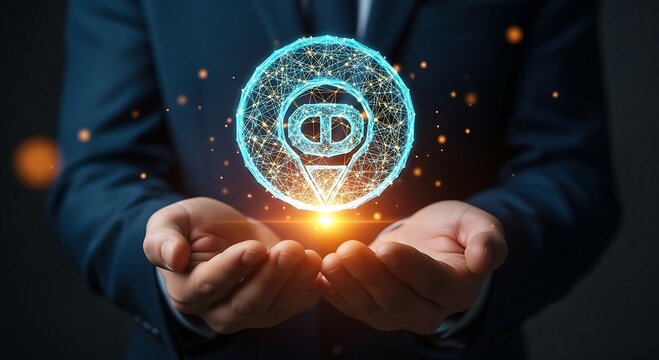 Businessman holding a glowing light bulb with a digital network overlay, symbolizing innovation and future technology.