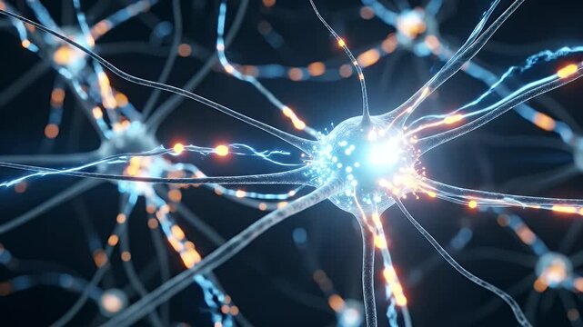 This dynamic abstract visualization depicts a sophisticated neural network with luminous connections and pulsating energy. Glowing blue and orange light particles flow through interconnected nerve cel