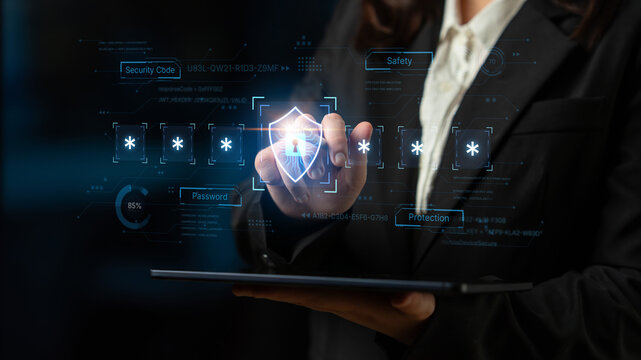 A concept of an advanced cybersecurity system. The futuristic interface shows a multi-factor authentication process using a secure password or PIN for enhanced data protection. Fermion - Powered by Adobe