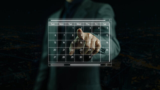Businessman pointing at a digital calendar interface for scheduling, planning, and managing appointments. Futuristic technology concept for time management, organization, productivity, and business. - Powered by Adobe