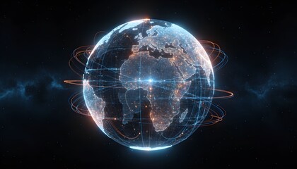 Digital representation of Earth with glowing lines and points, showcasing global connectivity.