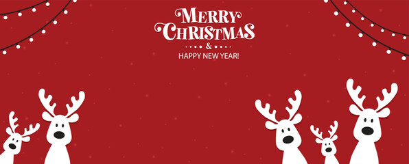 Cute Christmas reindeer on a red background. Christmas background, banner, or card. New trending vector illustration.