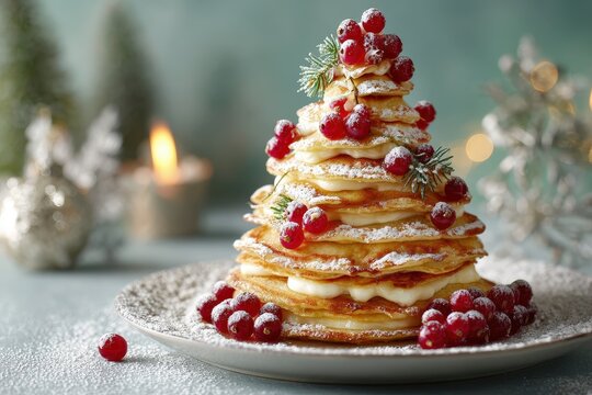 Stacked dessert creation resembling an evergreen tree decorated with bright berries and powdered sugar
