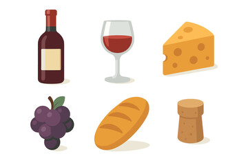 Wine and cheese pairing with bread and grapes for culinary enjoyment. Set of 6 vector illustration