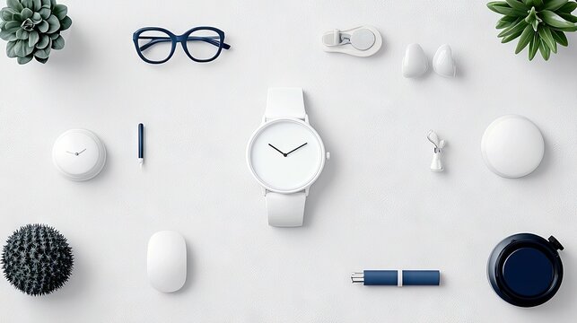 A clean and organized workspace featuring a collection of modern desk accessories and small plants, laid out on a white surface.