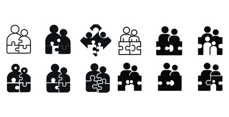Abstract puzzle family icons set representing connection and uni
