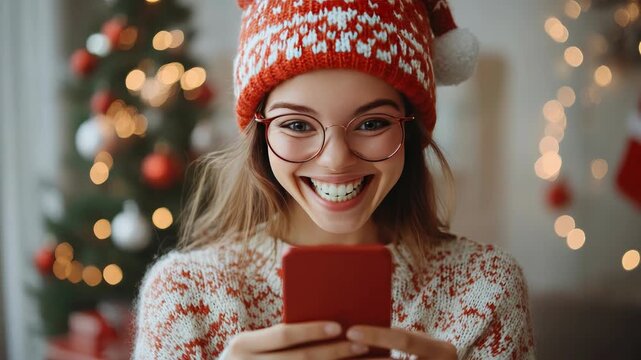 Enthusiastic young woman in a red sweater and hat, smiling in the snow as she reads a surprising holiday message on her smartphone with a decorated Christmas tree behind her