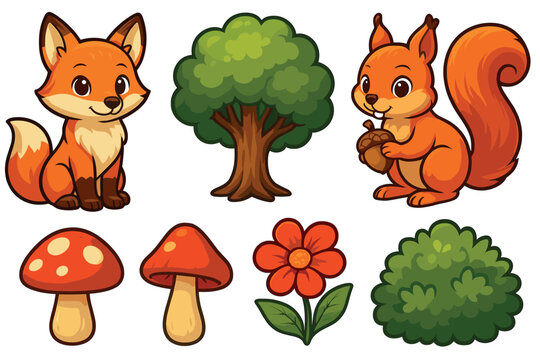 Cute woodland animals and plants for childrens designs and decor. Set of 6 vector illustration