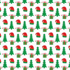 Colourful Christmas background with cute hand drawn characters and ornaments. Seamless pattern design. Vector illustration