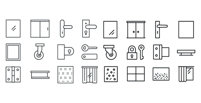 Collection of minimalist window and door icons with keys and loc