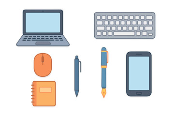 Workplace tools with laptop, keyboard, mouse, notebook, and pen. Set of 6 vector illustration