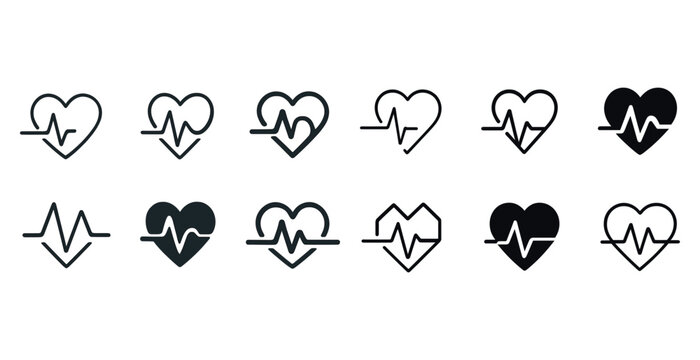 Heart ecg icon set: assorted heartbeat line designs in black and