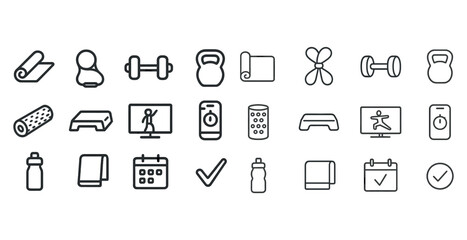 Fitness equipment and workout icons set: dumbbells, yoga mat, ke