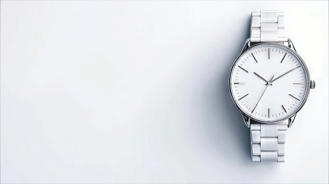A clean, minimalist white ceramic wristwatch with a silver metal band and a white dial with silver hands and markers sits on a plain white surface.