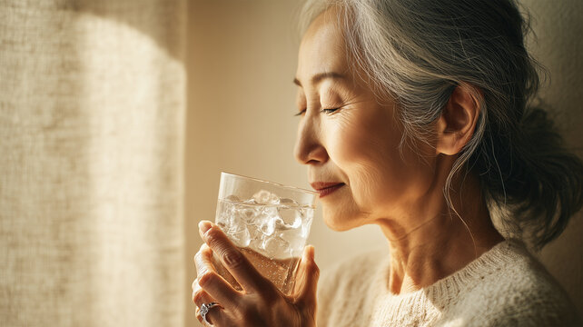 夏のドリンクを手に穏やかな表情を見せる高齢女性の側面