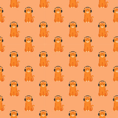 Fototapeta premium Seamless Pattern of Cool Orange Tabby Cats Wearing Headphones. Music and Pet Lifestyle Design.