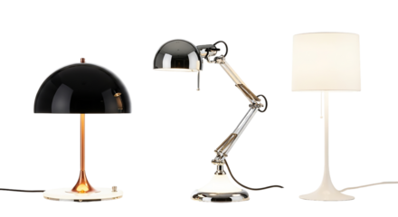 Three table lamps isolated on transparent background, a stylish and functional lighting fixture