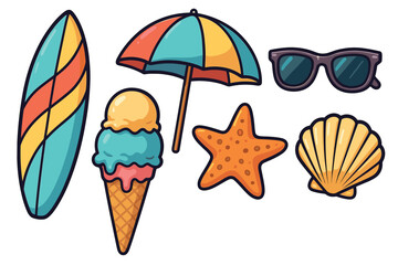 Summer vacation essentials for fun at the beach with friends. Set of 6 vector illustration
