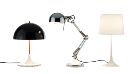 Three different table lamps isolated on transparent background for interior design