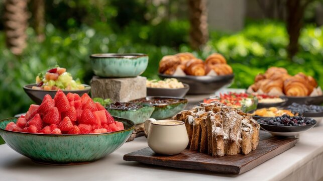A bright and colorful breakfast display awaits with bowls of fresh strawberries, croissants, and creamy yogurt, all set in a beautiful garden on a sunny morning