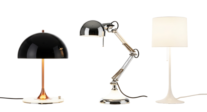 Three table lamps isolated on transparent background, a stylish and functional lighting fixture